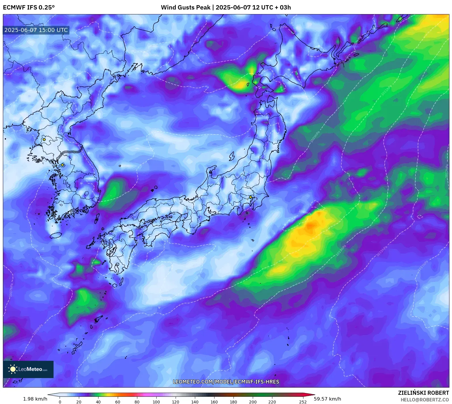 ECMWF IFS 0.25° model - Jepang, Puncak Hembusan ECMWF IFS 0.25° model - Jepang, Puncak Hembusan