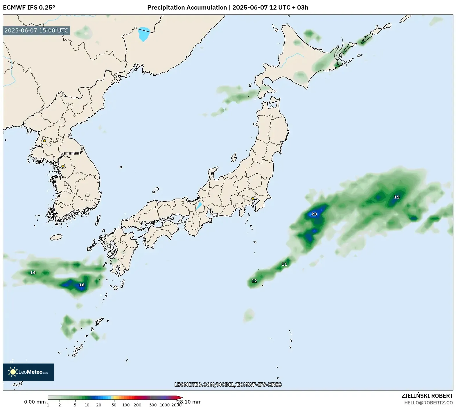ECMWF IFS 0.25° model - Jepang, Akumulasi Curah Hujan