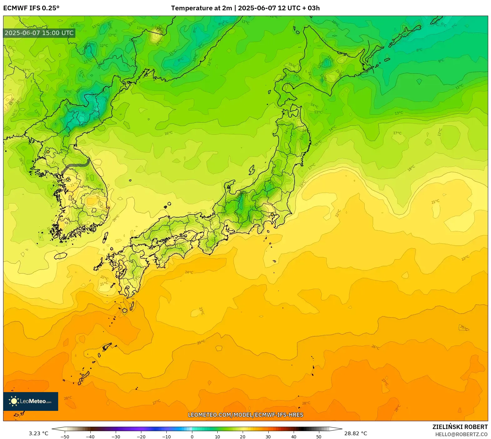 ECMWF IFS 0.25° model - Jepang, Suhu 2 m ECMWF IFS 0.25° model - Jepang, Suhu 2 m