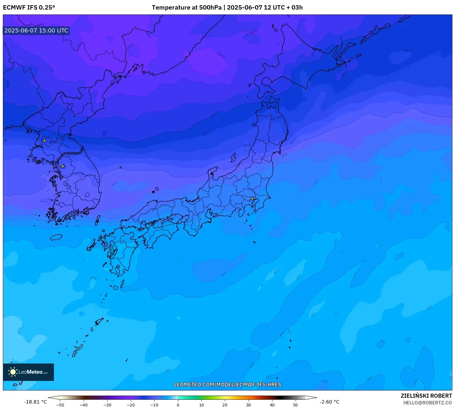 ECMWF IFS 0.25° model - Jepang, Suhu 500 hPa ECMWF IFS 0.25° model - Jepang, Suhu 500 hPa