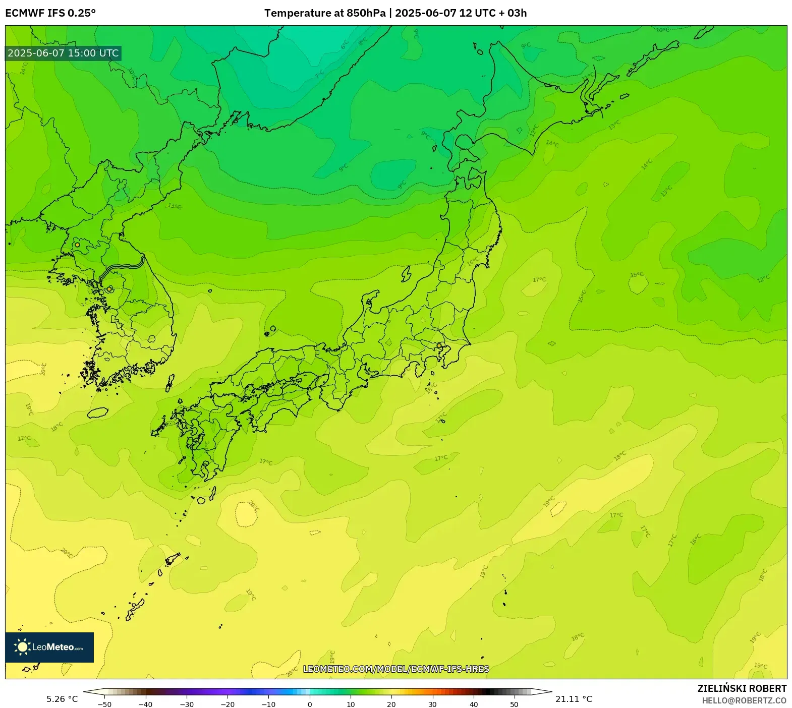 ECMWF IFS 0.25° model - Jepang, Suhu 850 hPa ECMWF IFS 0.25° model - Jepang, Suhu 850 hPa