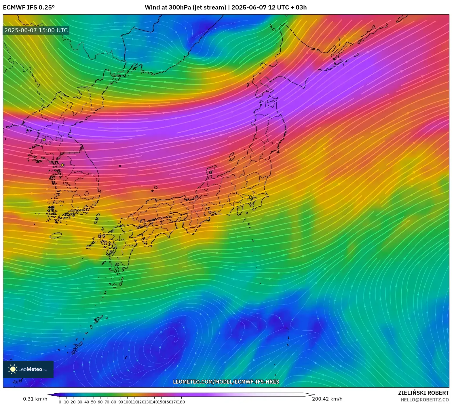 ECMWF IFS 0.25° model - Jepang, Angin 300 hPa (aliran jet)