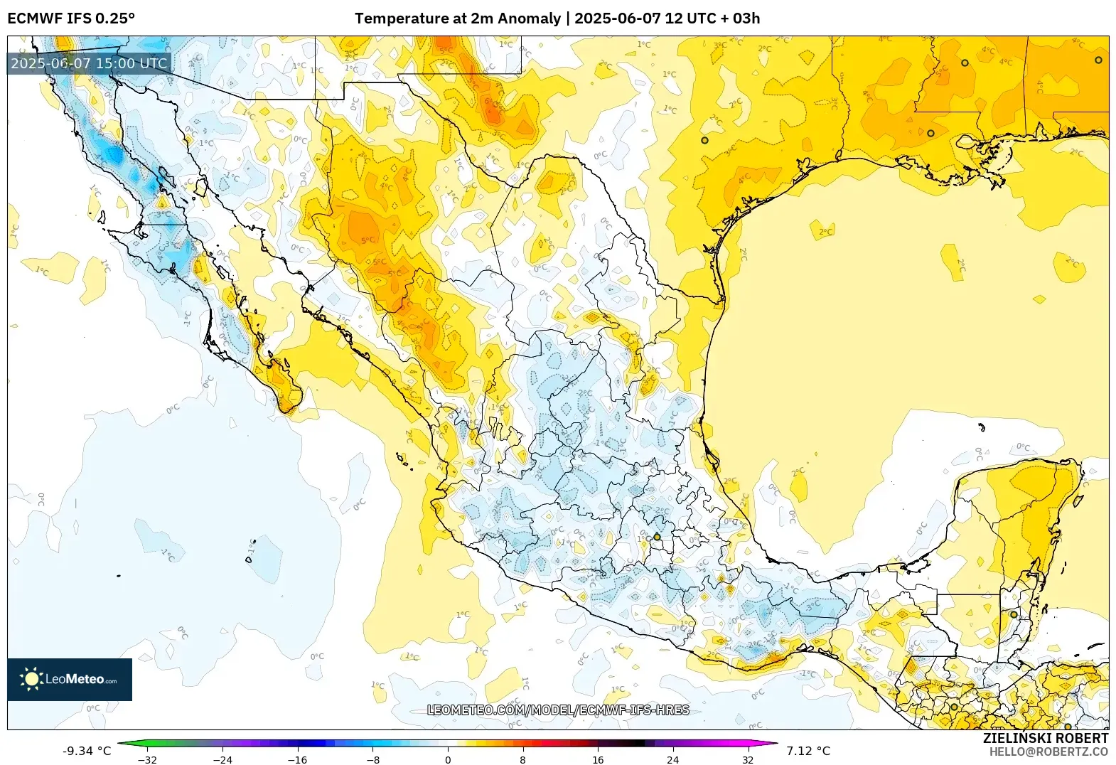 ECMWF IFS 0.25° model - Meksiko, Anomali Suhu 2 m ECMWF IFS 0.25° model - Meksiko, Anomali Suhu 2 m
