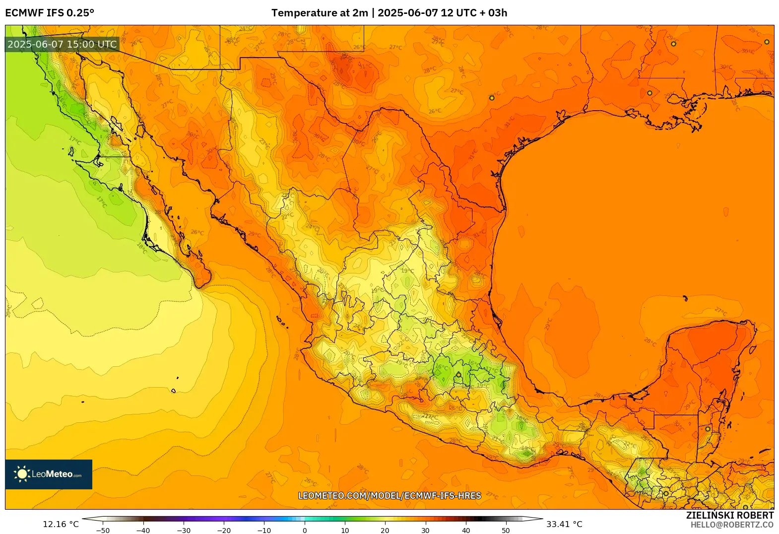 ECMWF IFS 0.25° model - Meksiko, Suhu 2 m ECMWF IFS 0.25° model - Meksiko, Suhu 2 m