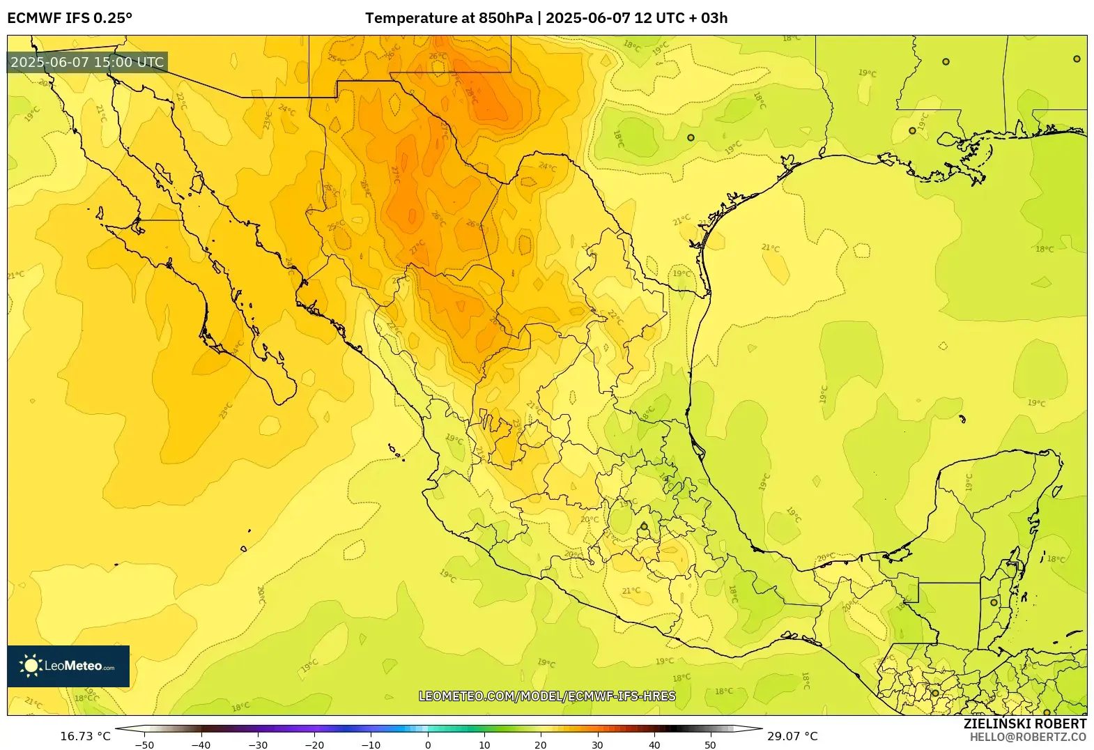 ECMWF IFS 0.25° model - Meksiko, Suhu 850 hPa