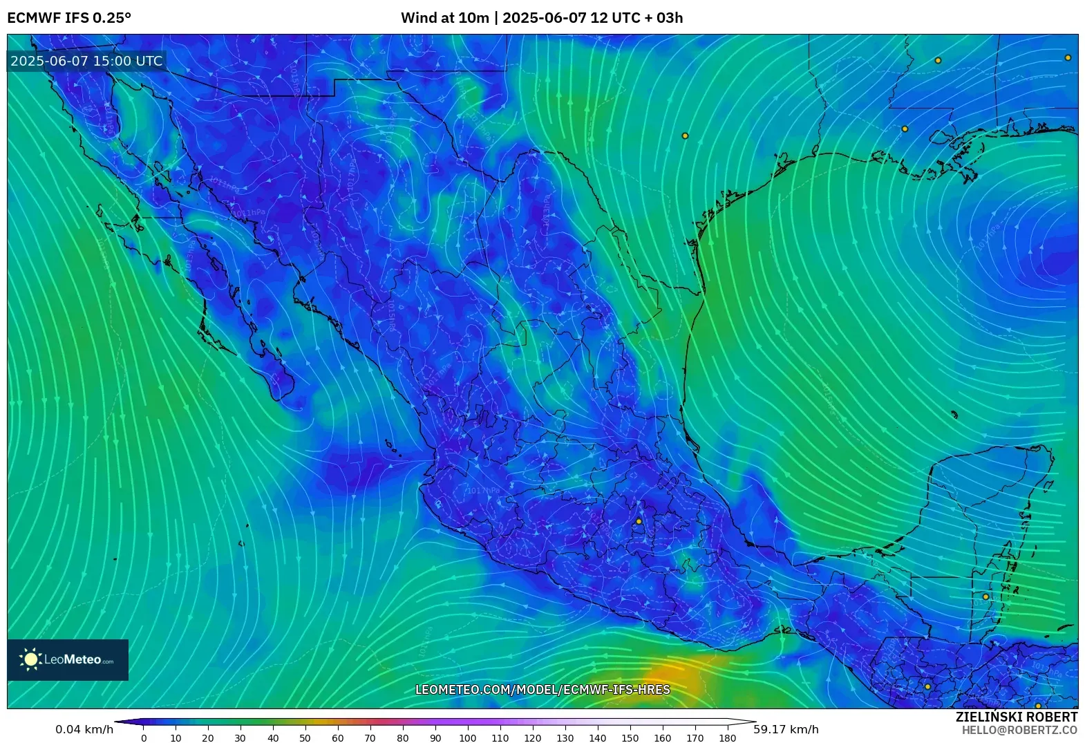 ECMWF IFS 0.25° model - Meksiko, Angin 10 m