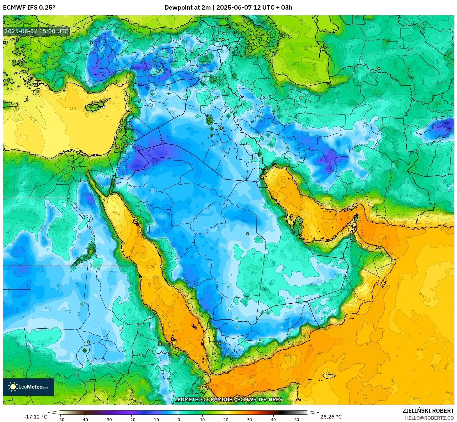 ECMWF IFS 0.25° model - Timur Tengah, Titik Embun 2 m ECMWF IFS 0.25° model - Timur Tengah, Titik Embun 2 m
