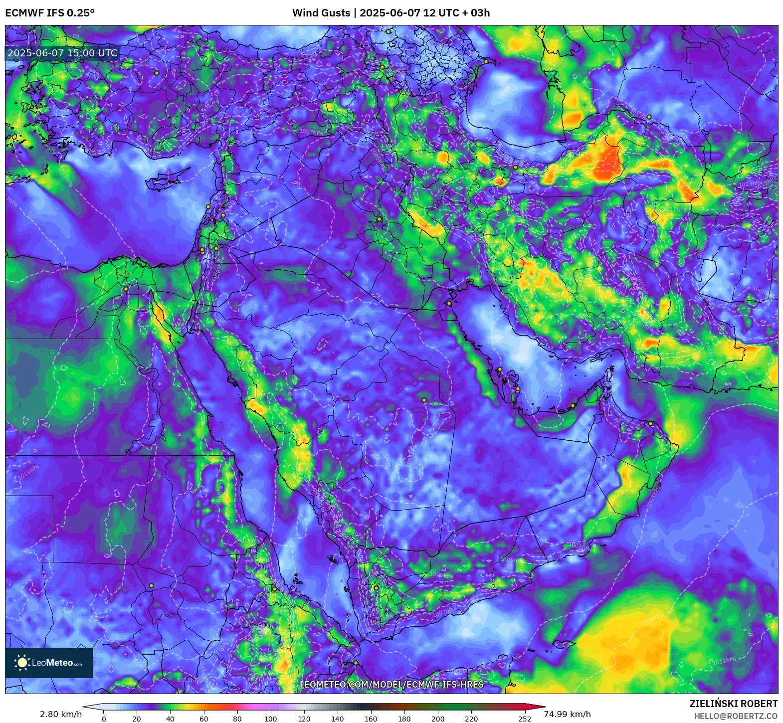 ECMWF IFS 0.25° model - Timur Tengah, Hembusan Angin ECMWF IFS 0.25° model - Timur Tengah, Hembusan Angin