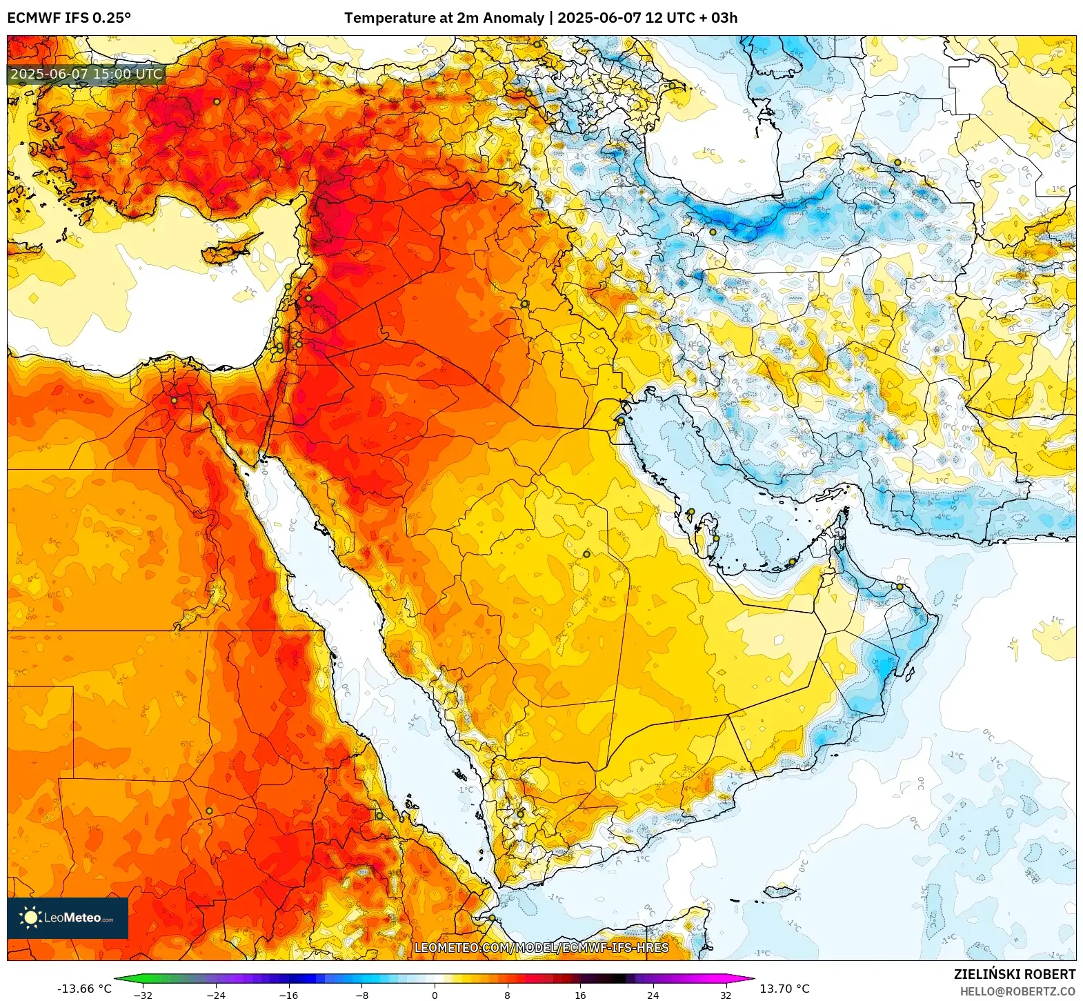 ECMWF IFS 0.25° model - Timur Tengah, Anomali Suhu 2 m ECMWF IFS 0.25° model - Timur Tengah, Anomali Suhu 2 m