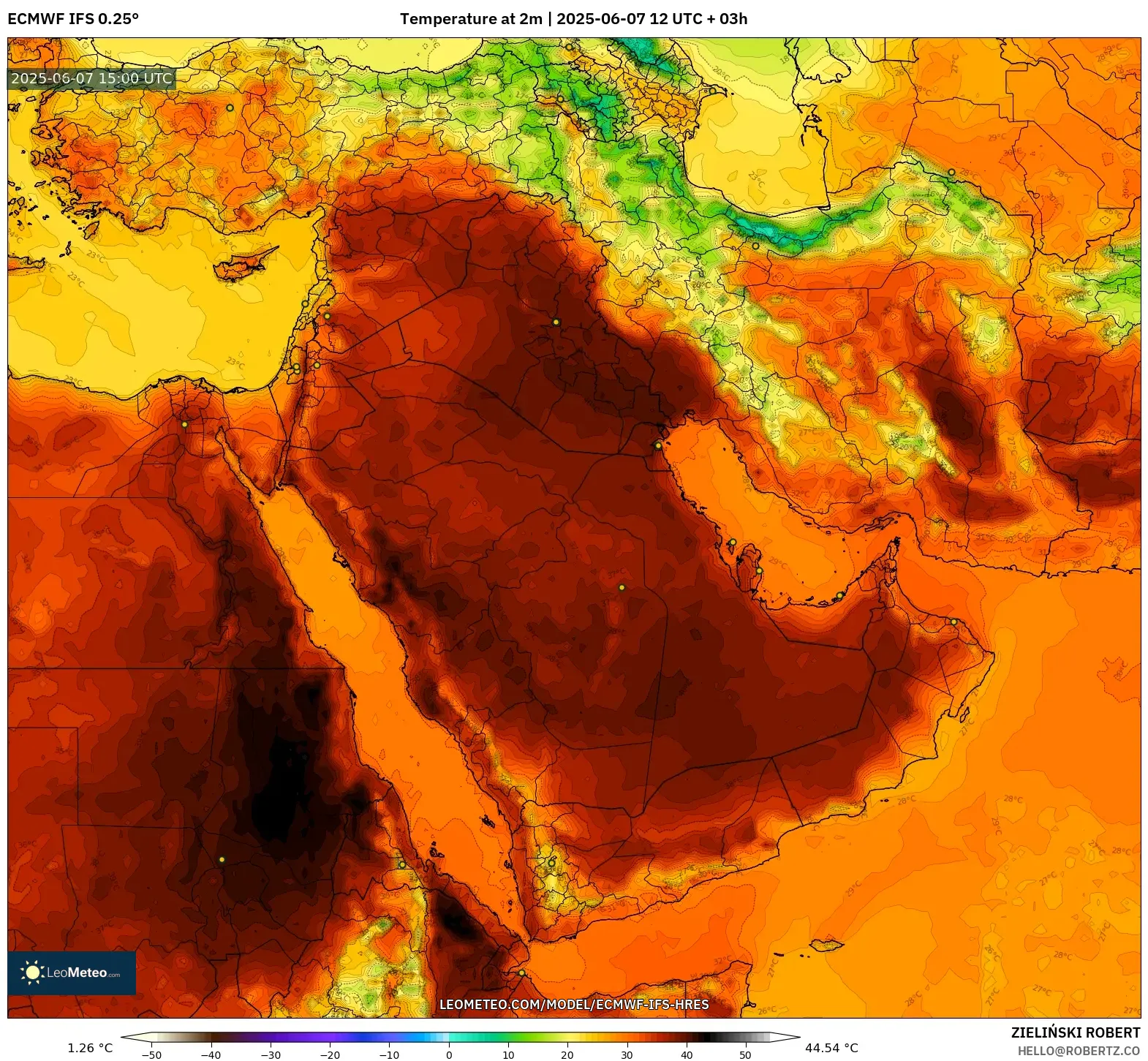 ECMWF IFS 0.25° model - Timur Tengah, Suhu 2 m