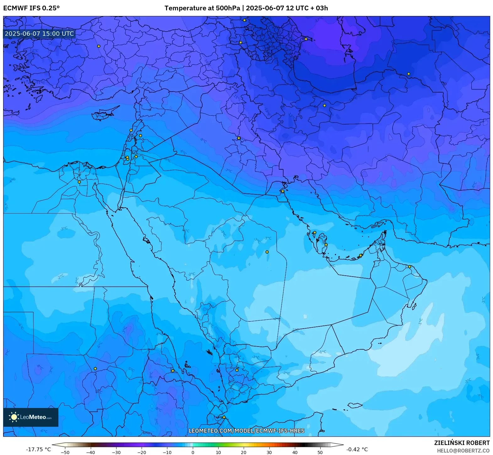 ECMWF IFS 0.25° model - Timur Tengah, Suhu 500 hPa