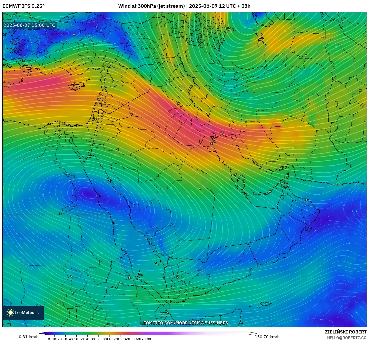 ECMWF IFS 0.25° model - Timur Tengah, Angin 300 hPa (aliran jet)