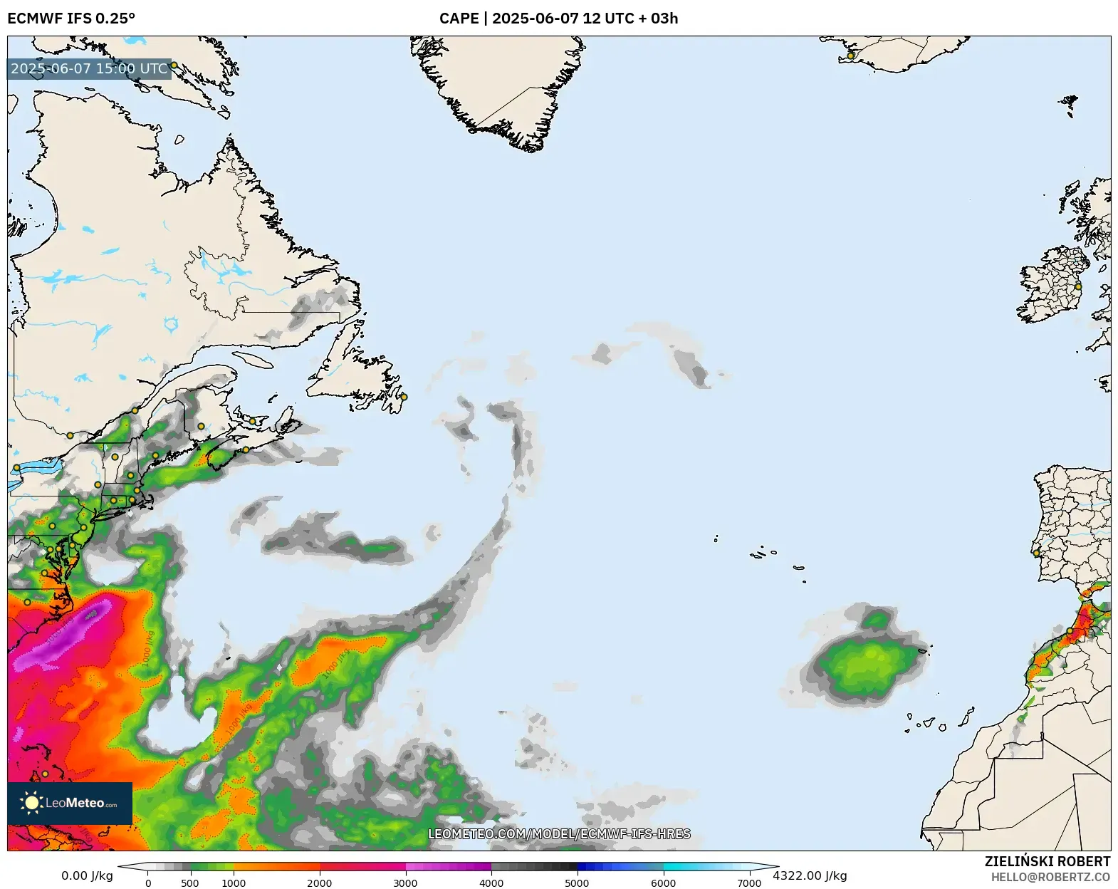 ECMWF IFS 0.25° model - Atlantik Utara, CAPE ECMWF IFS 0.25° model - Atlantik Utara, CAPE