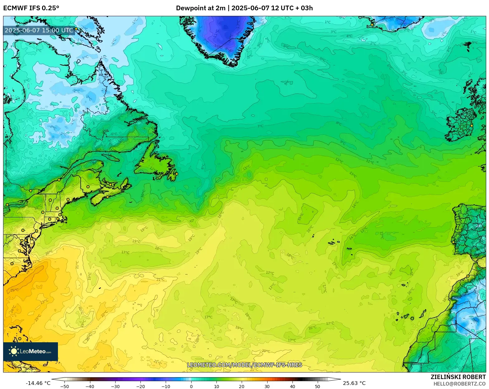 ECMWF IFS 0.25° model - Atlantik Utara, Titik Embun 2 m ECMWF IFS 0.25° model - Atlantik Utara, Titik Embun 2 m