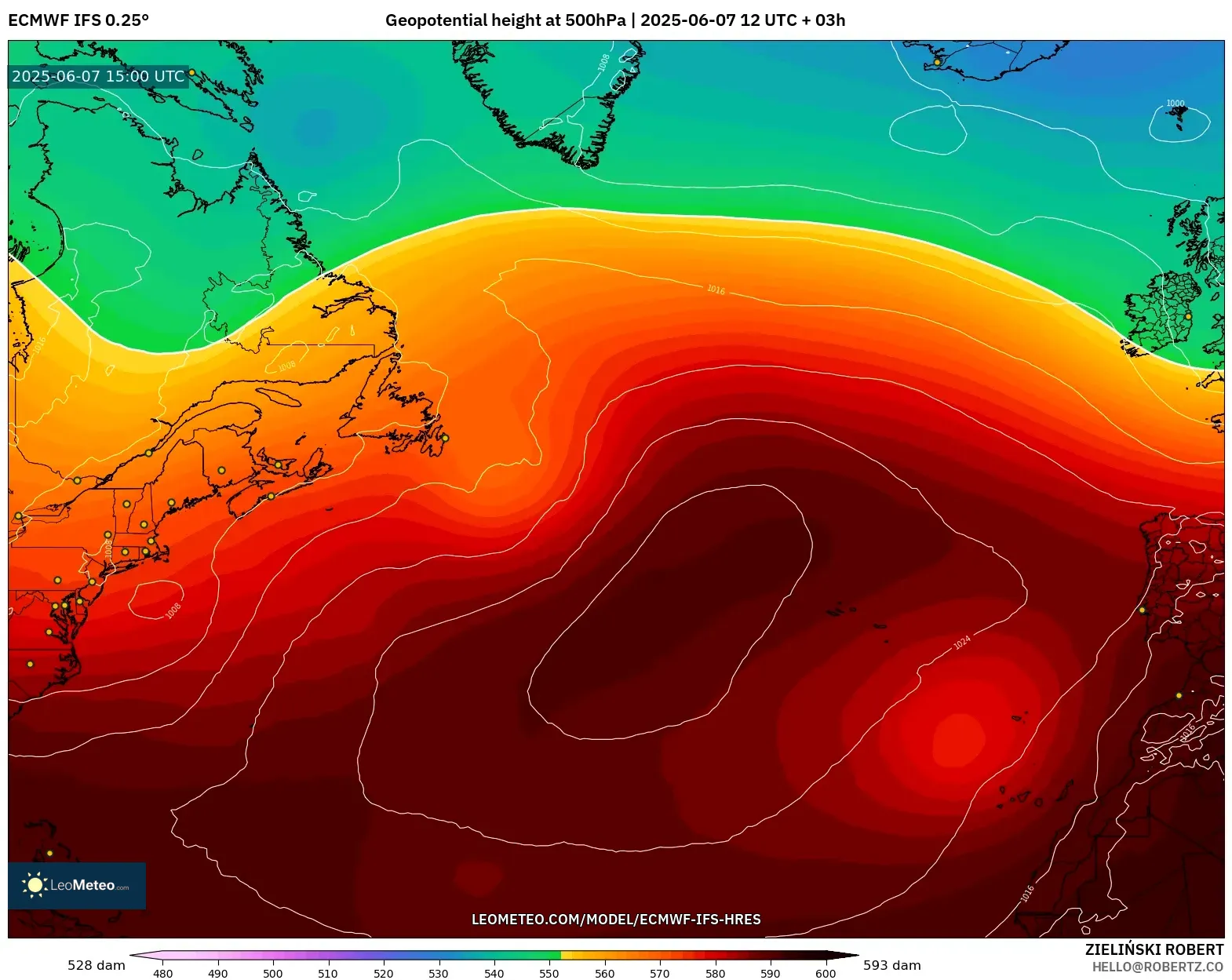 ECMWF IFS 0.25° model - Atlantik Utara, Ketinggian geopotensial pada 500 hPa ECMWF IFS 0.25° model - Atlantik Utara, Ketinggian geopotensial pada 500 hPa