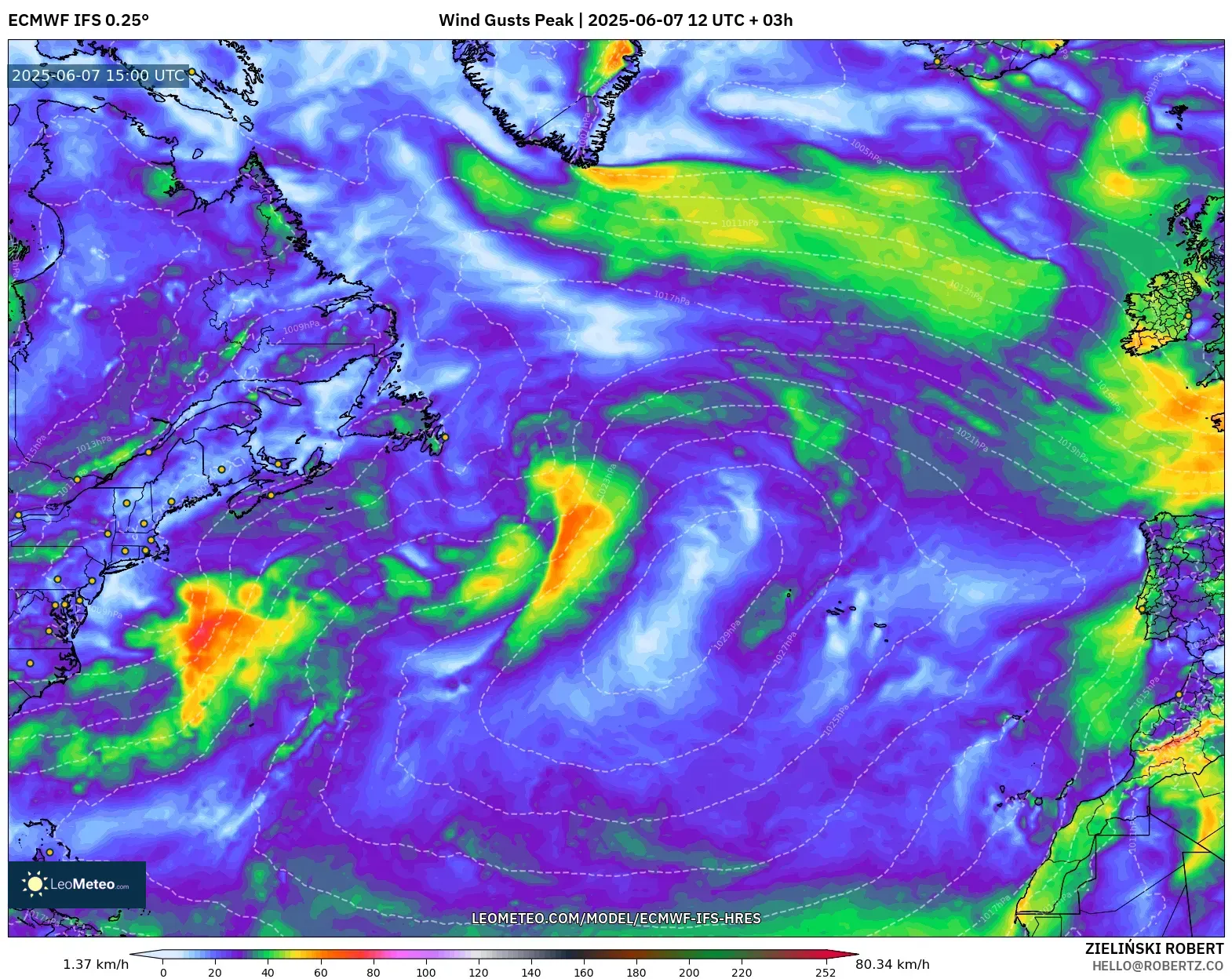 ECMWF IFS 0.25° model - Atlantik Utara, Puncak Hembusan