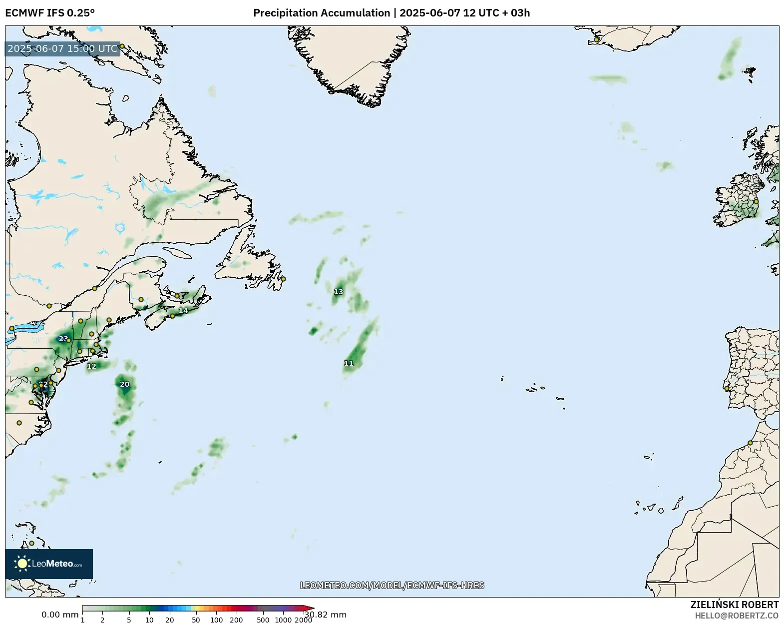 ECMWF IFS 0.25° model - Atlantik Utara, Akumulasi Curah Hujan ECMWF IFS 0.25° model - Atlantik Utara, Akumulasi Curah Hujan