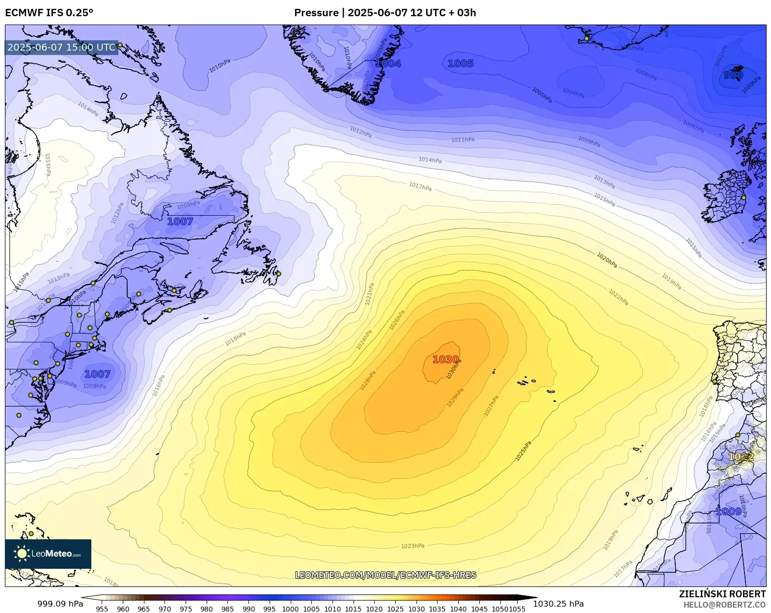 ECMWF IFS 0.25° model - Atlantik Utara, Tekanan