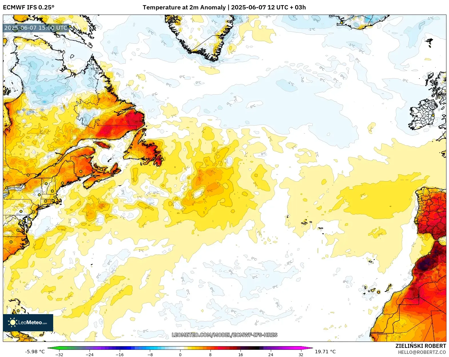 ECMWF IFS 0.25° model - Atlantik Utara, Anomali Suhu 2 m