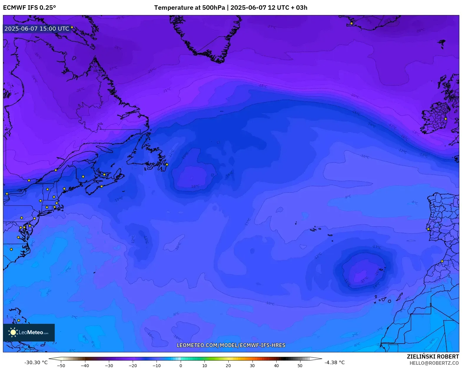 ECMWF IFS 0.25° model - Atlantik Utara, Suhu 500 hPa