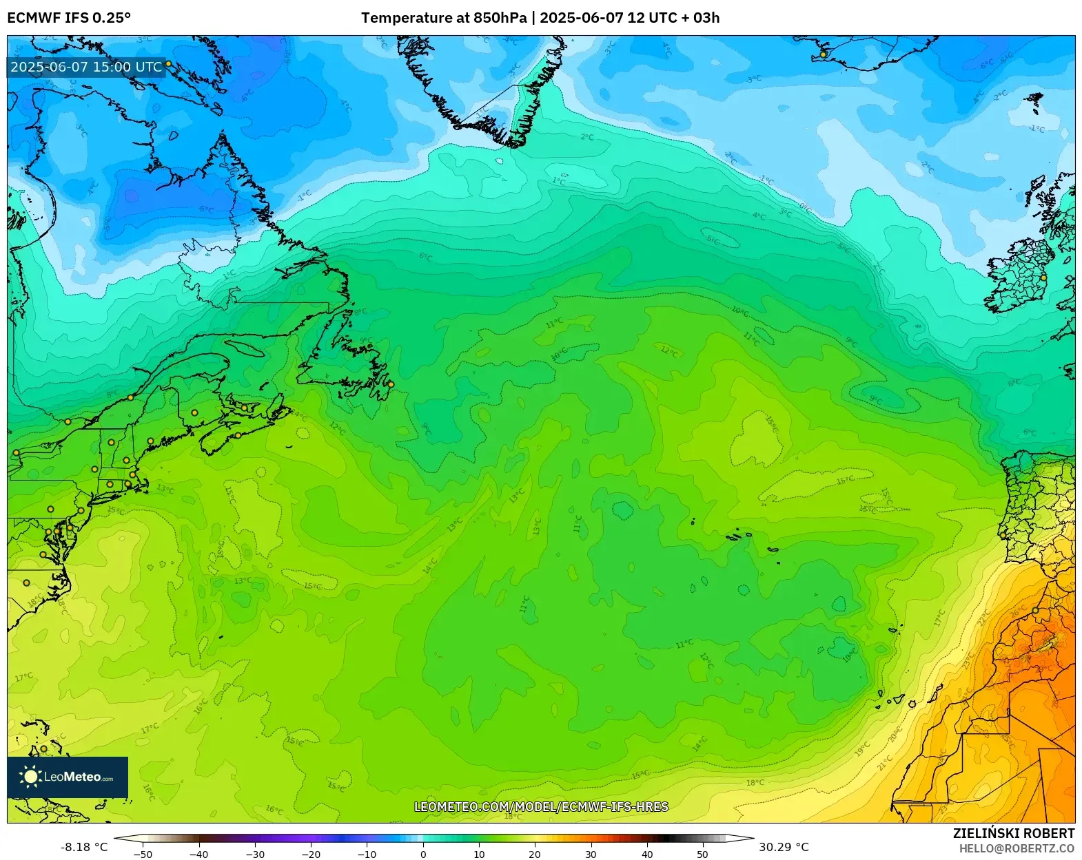 ECMWF IFS 0.25° model - Atlantik Utara, Suhu 850 hPa ECMWF IFS 0.25° model - Atlantik Utara, Suhu 850 hPa