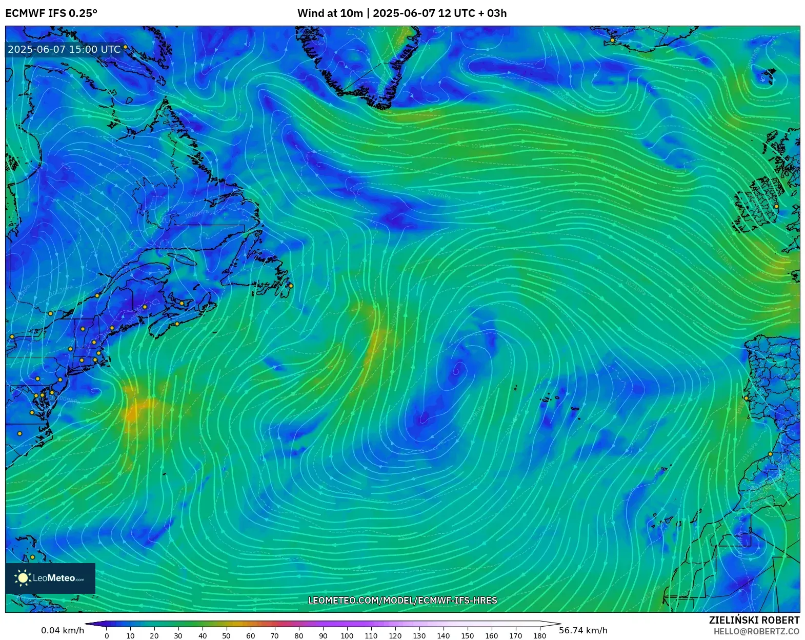 ECMWF IFS 0.25° model - Atlantik Utara, Angin 10 m ECMWF IFS 0.25° model - Atlantik Utara, Angin 10 m