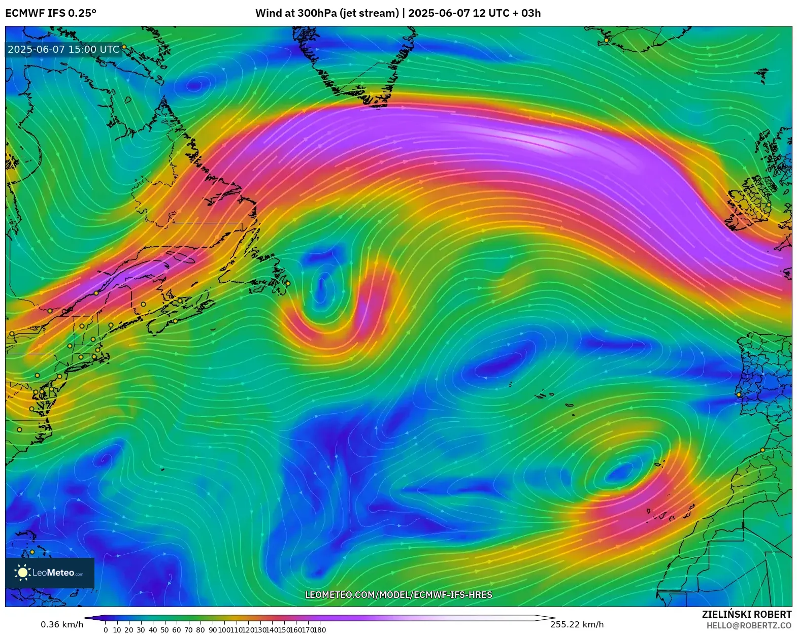 ECMWF IFS 0.25° model - Atlantik Utara, Angin 300 hPa (aliran jet) ECMWF IFS 0.25° model - Atlantik Utara, Angin 300 hPa (aliran jet)