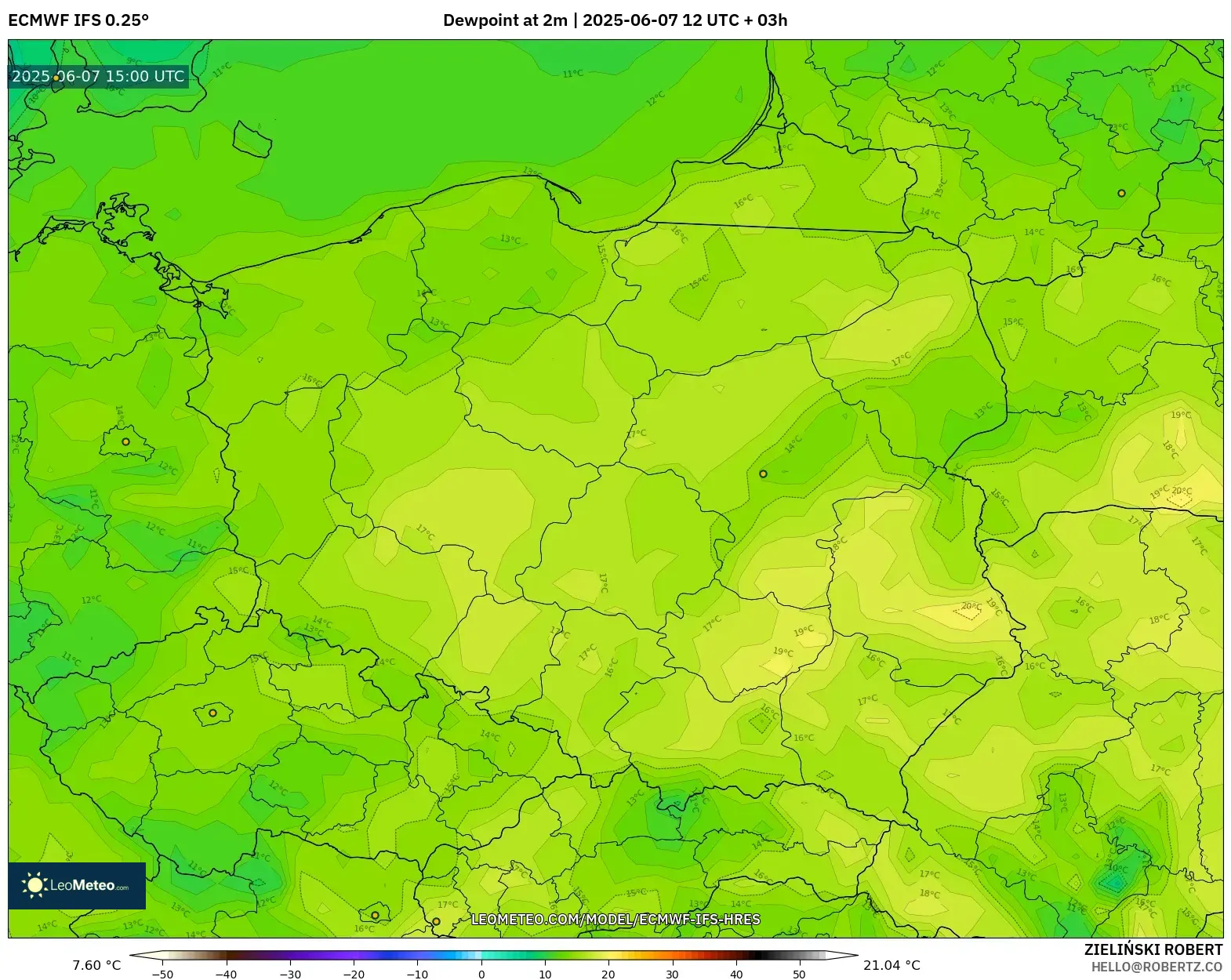 ECMWF IFS 0.25° model - Polandia, Titik Embun 2 m
