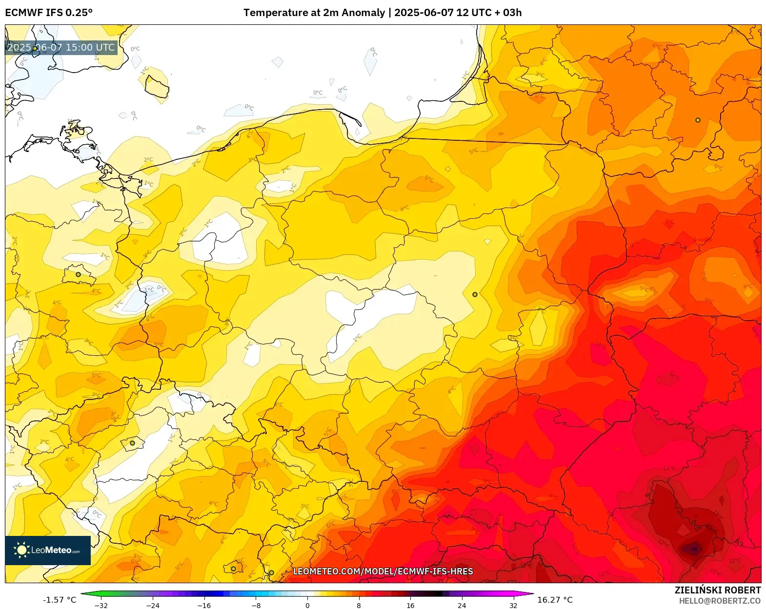 ECMWF IFS 0.25° model - Polandia, Anomali Suhu 2 m