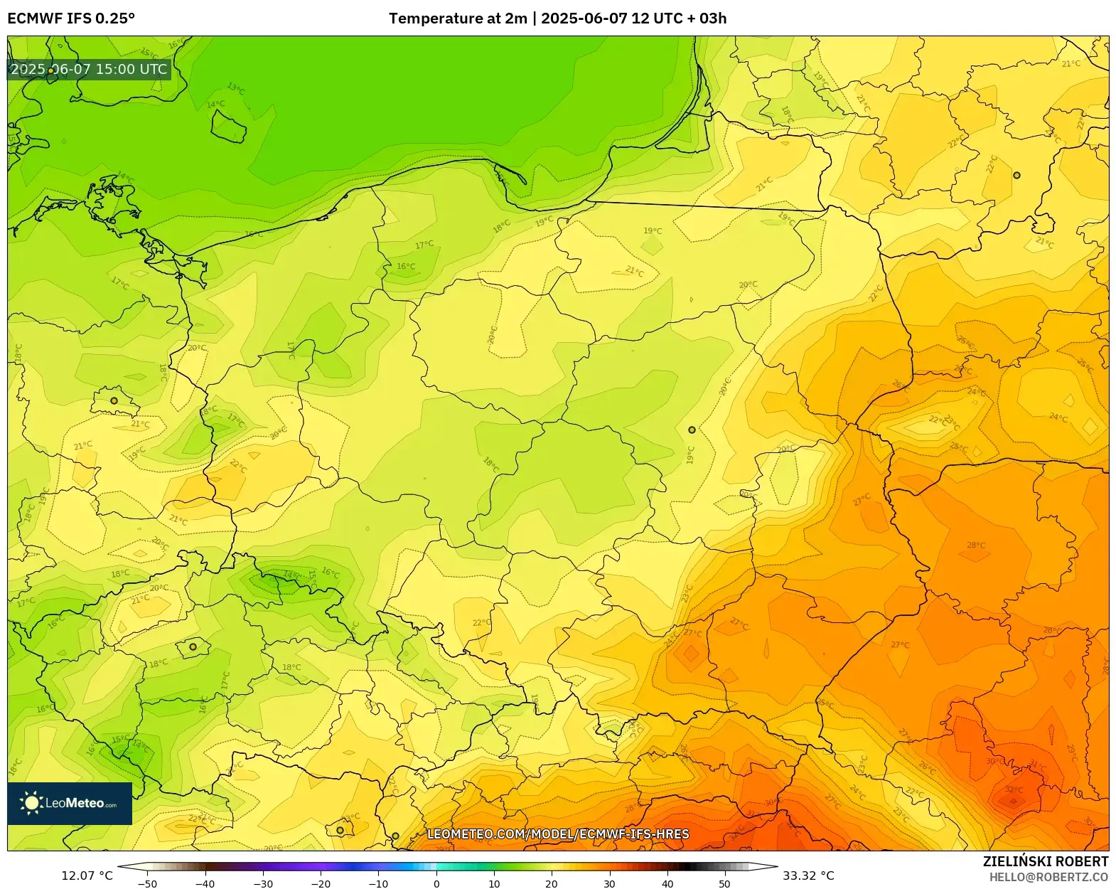 ECMWF IFS 0.25° model - Polandia, Suhu 2 m ECMWF IFS 0.25° model - Polandia, Suhu 2 m