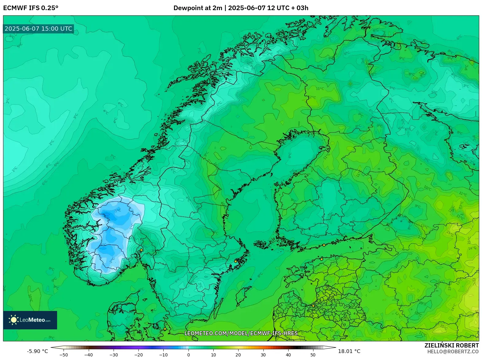 ECMWF IFS 0.25° model - Skandinavia, Titik Embun 2 m ECMWF IFS 0.25° model - Skandinavia, Titik Embun 2 m