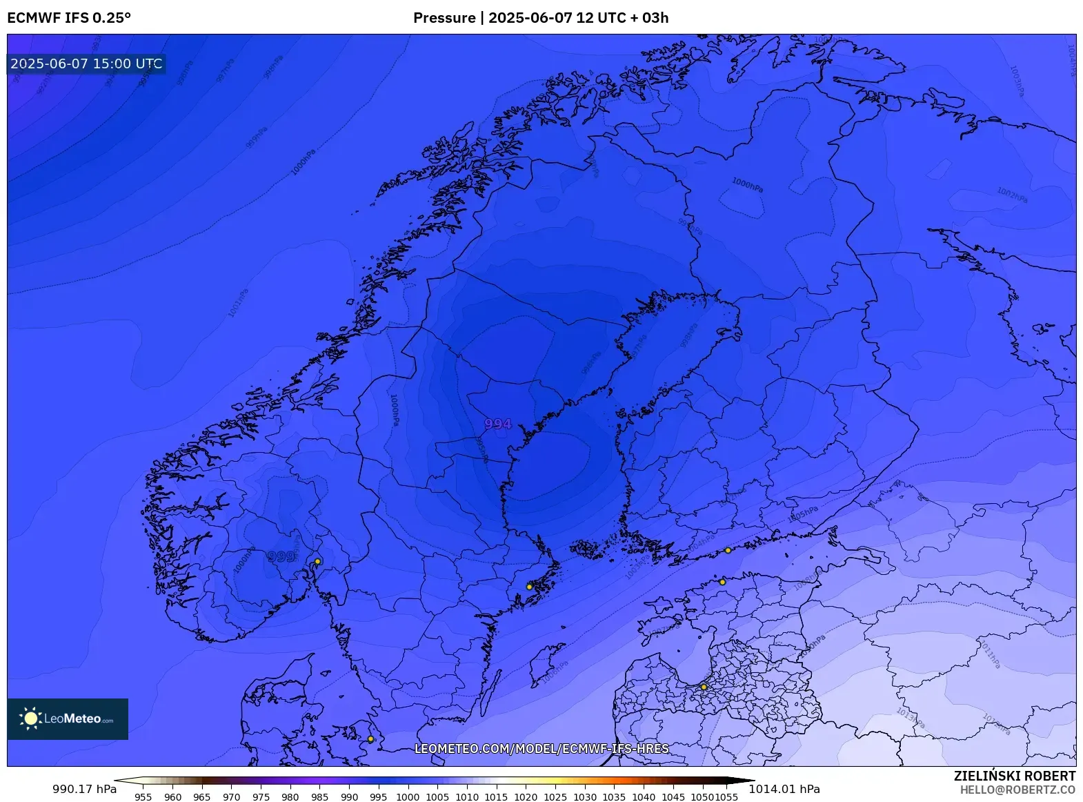 ECMWF IFS 0.25° model - Skandinavia, Tekanan ECMWF IFS 0.25° model - Skandinavia, Tekanan