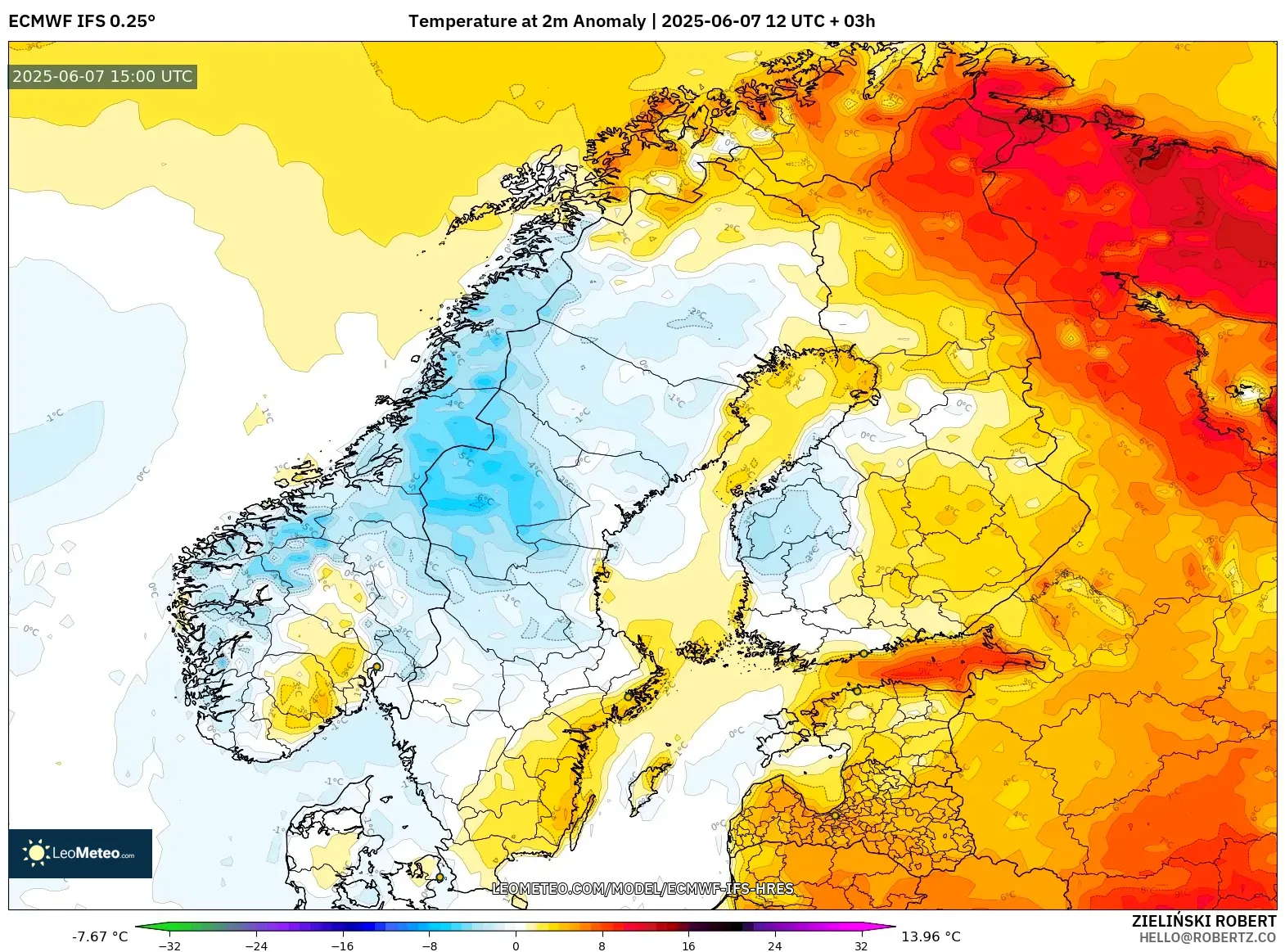 ECMWF IFS 0.25° model - Skandinavia, Anomali Suhu 2 m ECMWF IFS 0.25° model - Skandinavia, Anomali Suhu 2 m