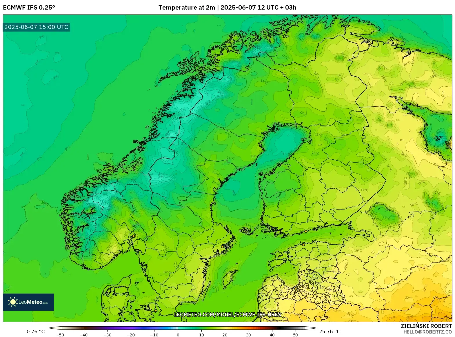 ECMWF IFS 0.25° model - Skandinavia, Suhu 2 m ECMWF IFS 0.25° model - Skandinavia, Suhu 2 m