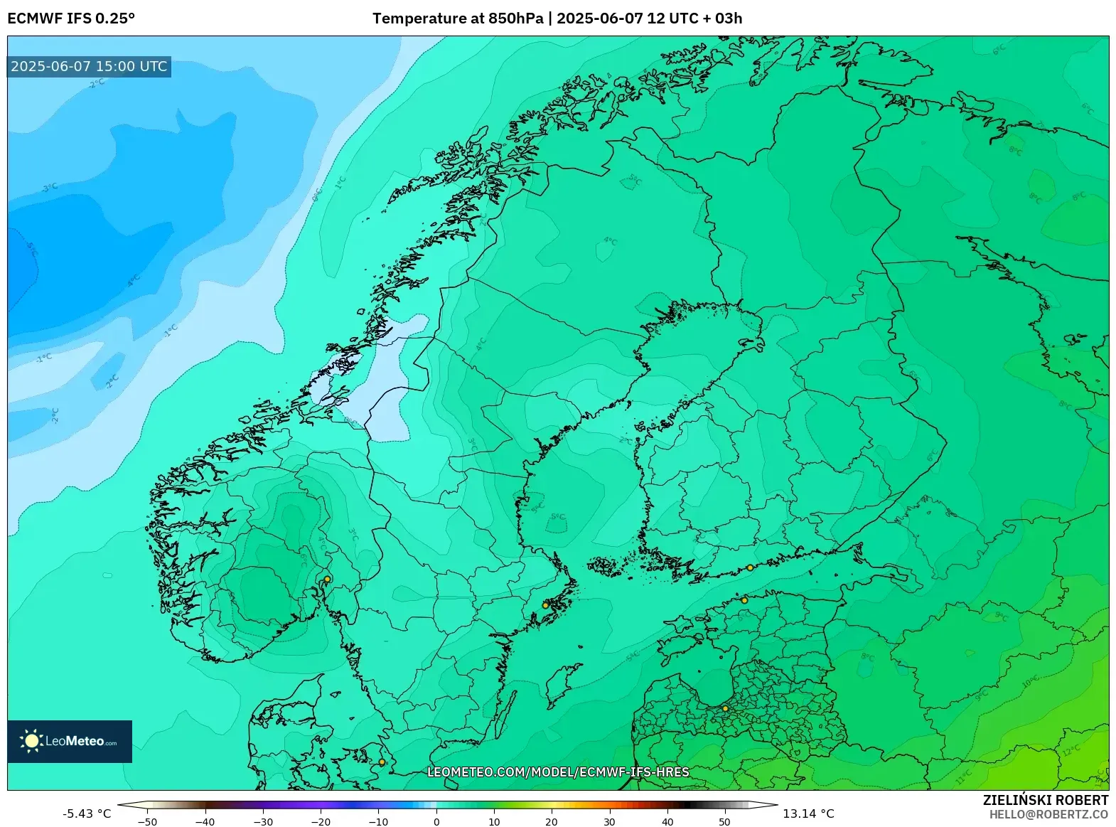 ECMWF IFS 0.25° model - Skandinavia, Suhu 850 hPa ECMWF IFS 0.25° model - Skandinavia, Suhu 850 hPa