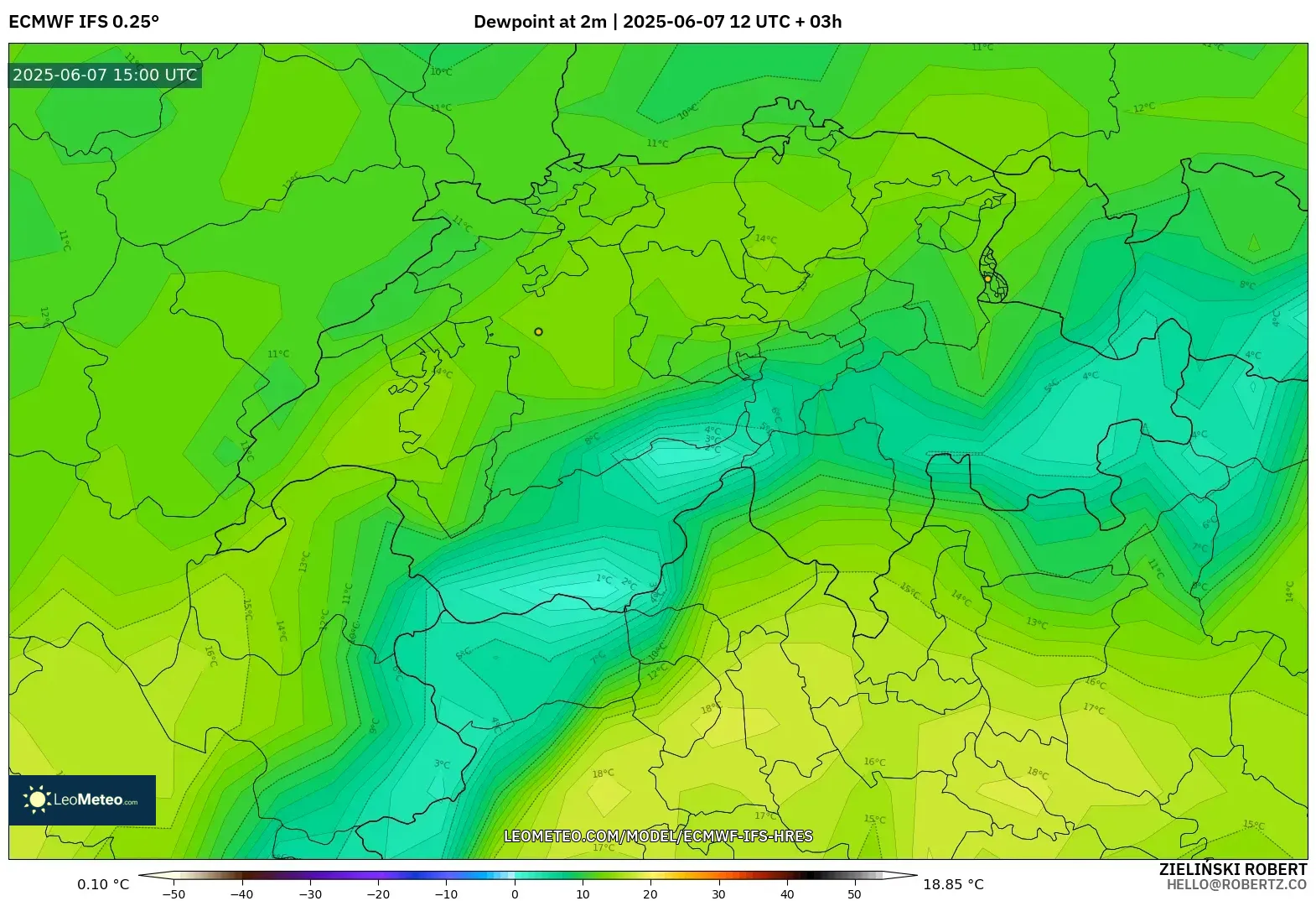 ECMWF IFS 0.25° model - Swiss, Titik Embun 2 m