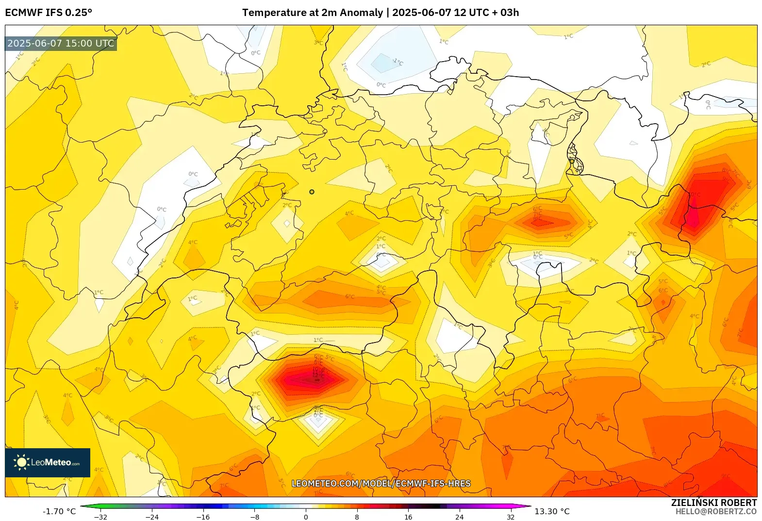 ECMWF IFS 0.25° model - Swiss, Anomali Suhu 2 m ECMWF IFS 0.25° model - Swiss, Anomali Suhu 2 m
