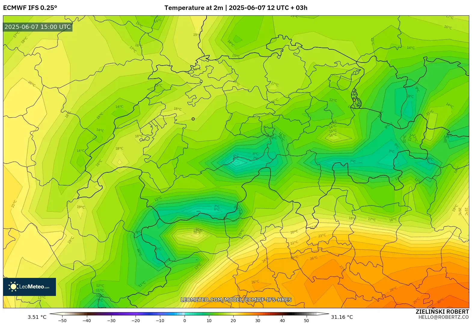 ECMWF IFS 0.25° model - Swiss, Suhu 2 m