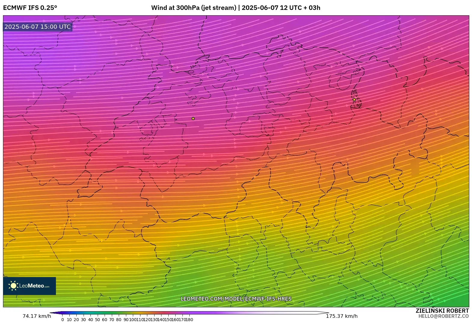 ECMWF IFS 0.25° model - Swiss, Angin 300 hPa (aliran jet)