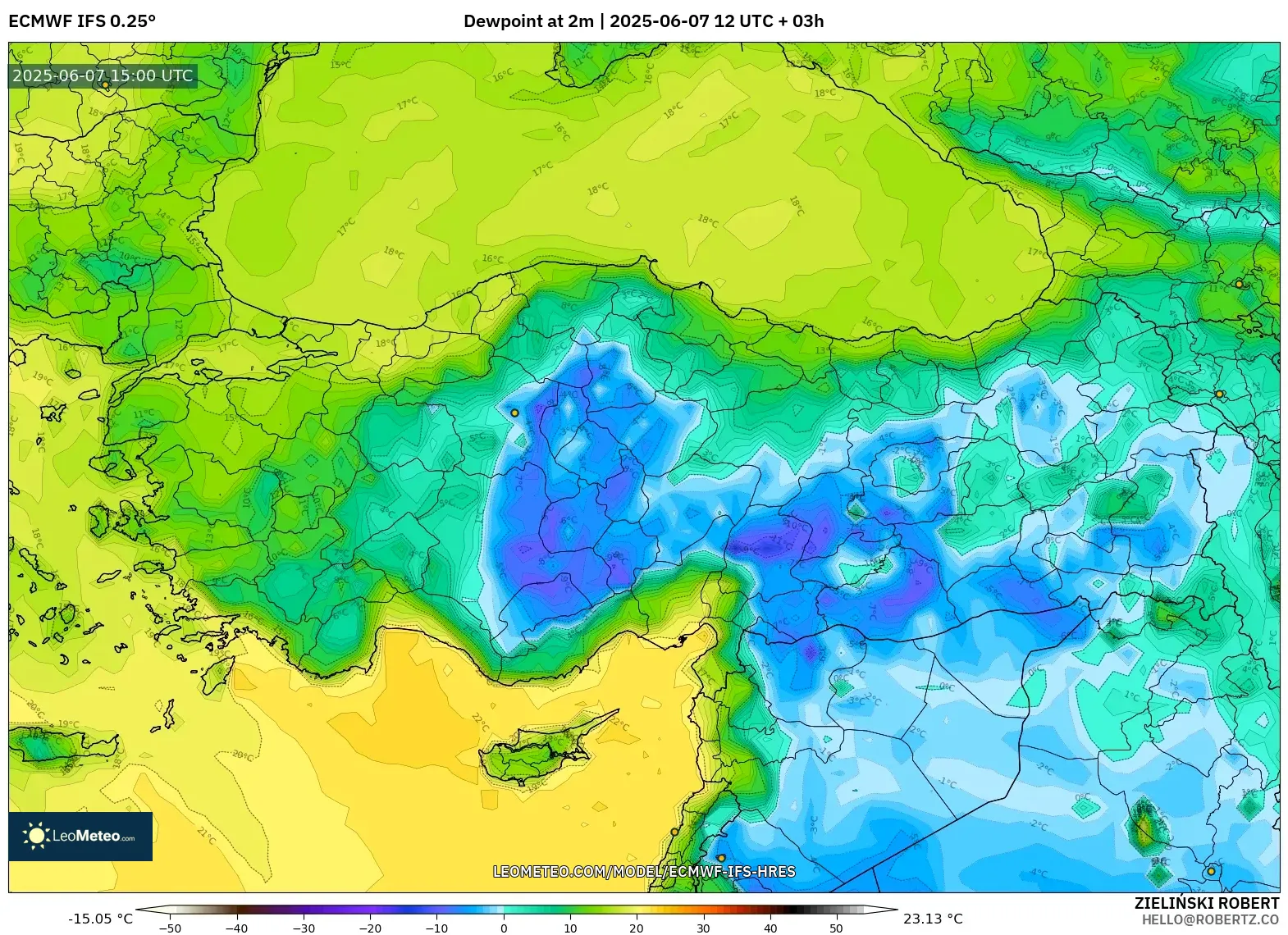ECMWF IFS 0.25° model - Turki, Titik Embun 2 m ECMWF IFS 0.25° model - Turki, Titik Embun 2 m