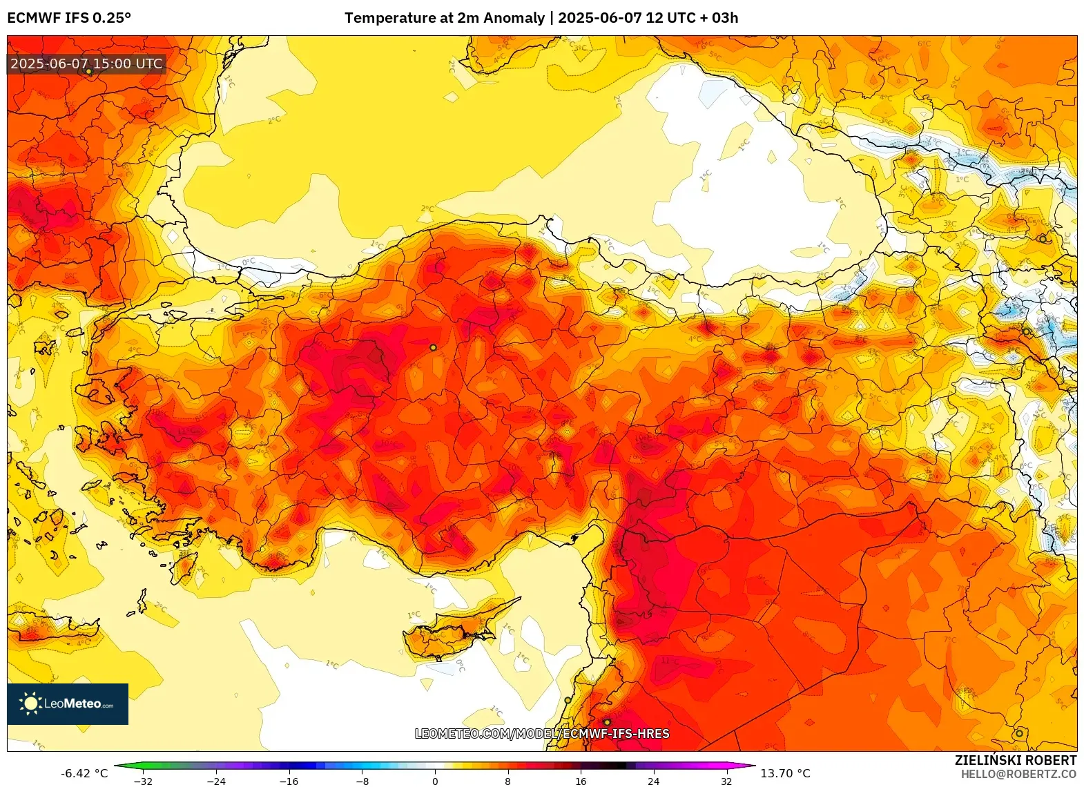 ECMWF IFS 0.25° model - Turki, Anomali Suhu 2 m ECMWF IFS 0.25° model - Turki, Anomali Suhu 2 m