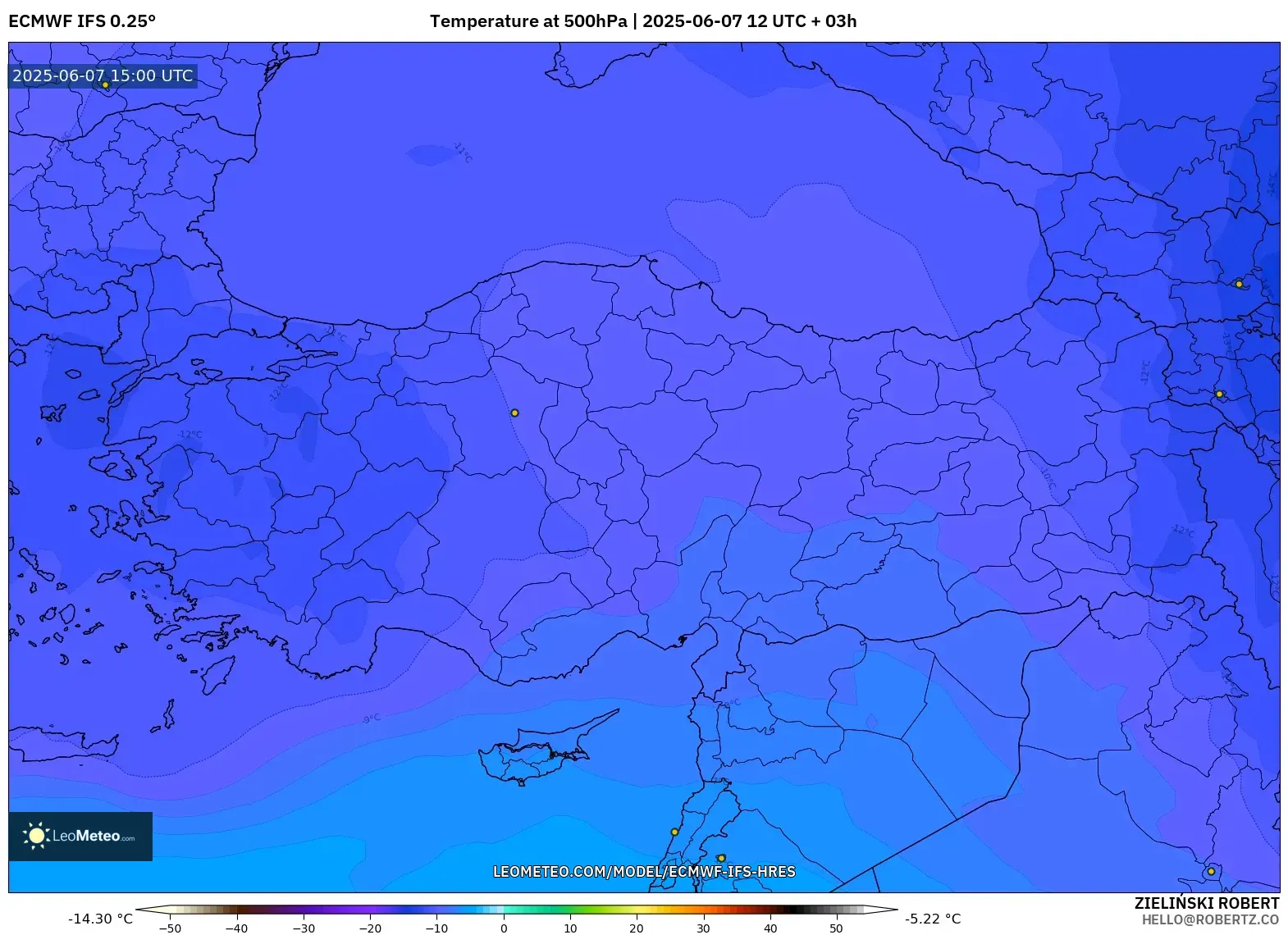 ECMWF IFS 0.25° model - Turki, Suhu 500 hPa