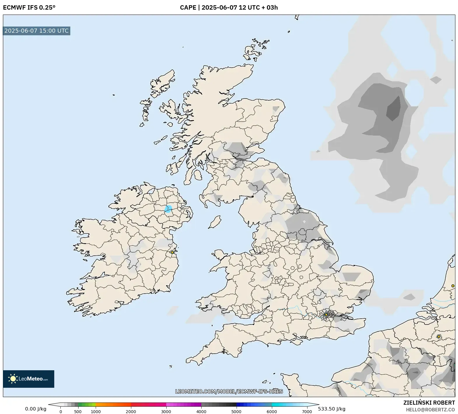 ECMWF IFS 0.25° model - Britania Raya, CAPE ECMWF IFS 0.25° model - Britania Raya, CAPE