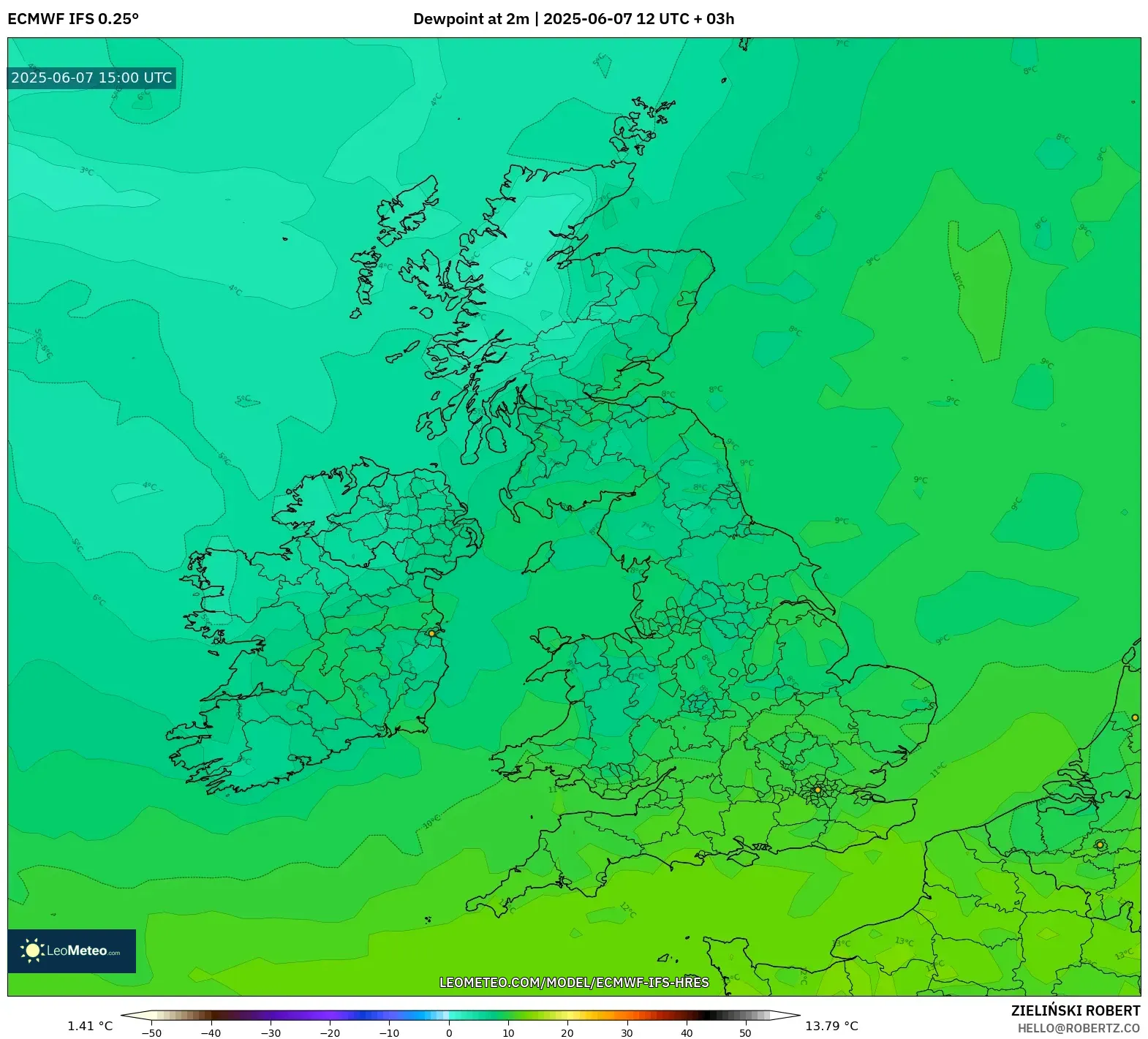 ECMWF IFS 0.25° model - Britania Raya, Titik Embun 2 m