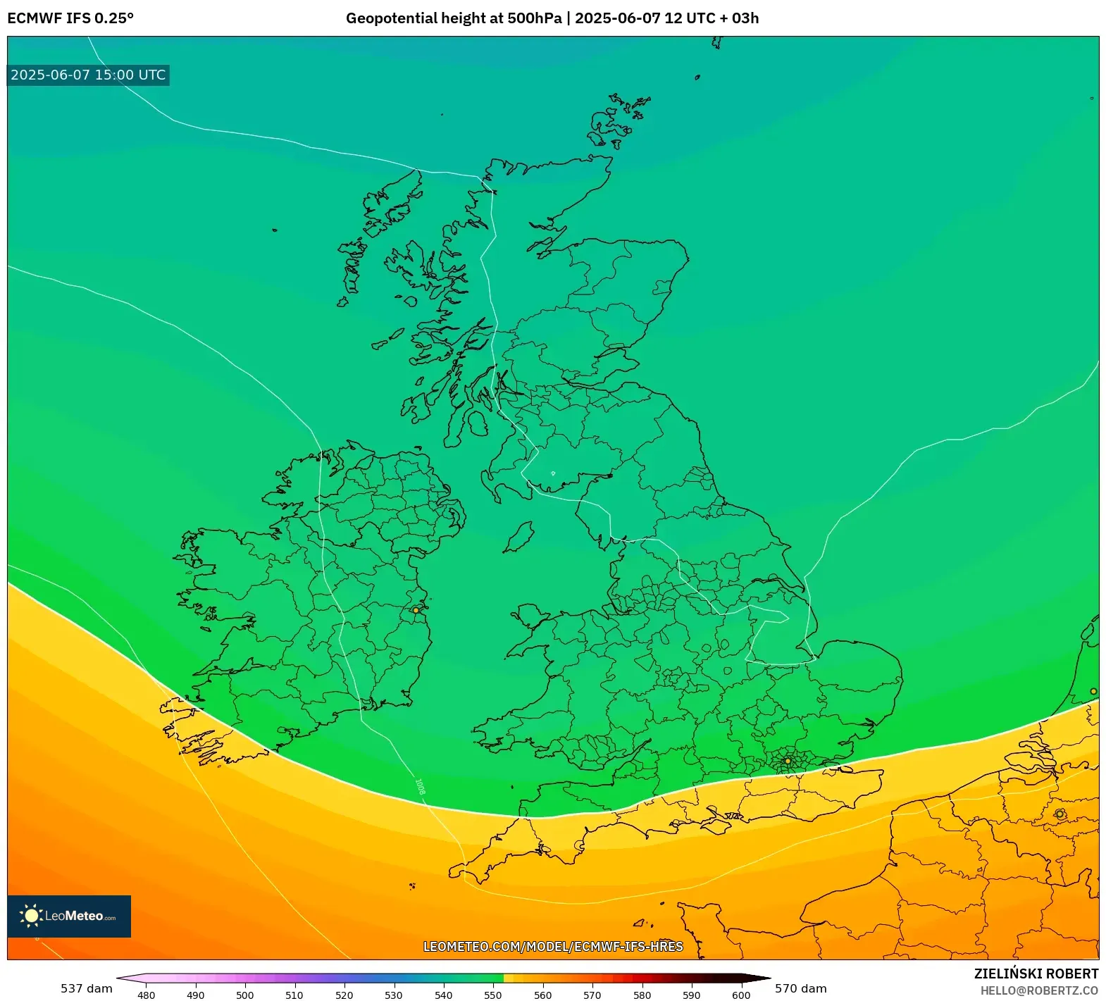 ECMWF IFS 0.25° model - Britania Raya, Ketinggian geopotensial pada 500 hPa ECMWF IFS 0.25° model - Britania Raya, Ketinggian geopotensial pada 500 hPa