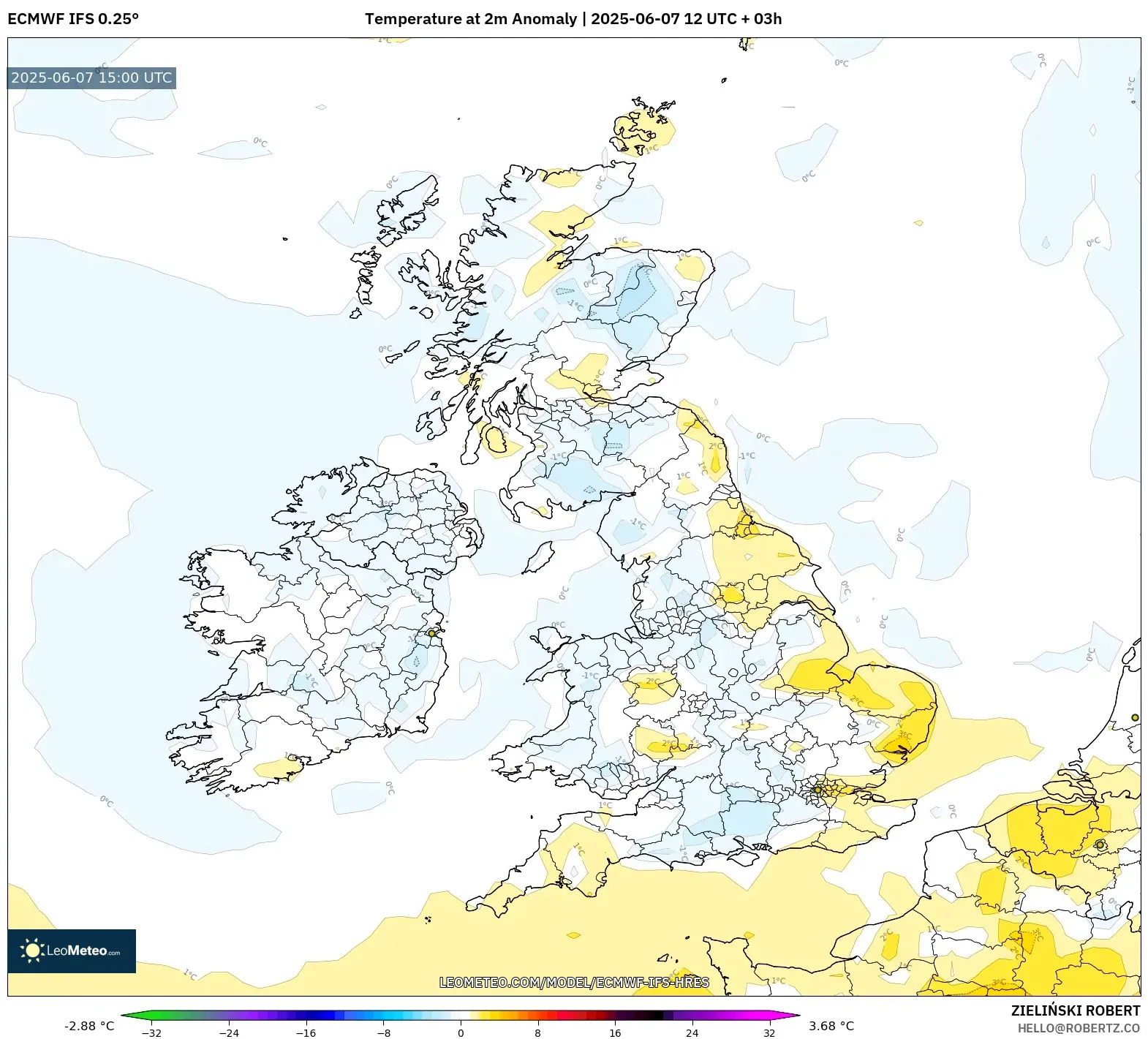 ECMWF IFS 0.25° model - Britania Raya, Anomali Suhu 2 m ECMWF IFS 0.25° model - Britania Raya, Anomali Suhu 2 m