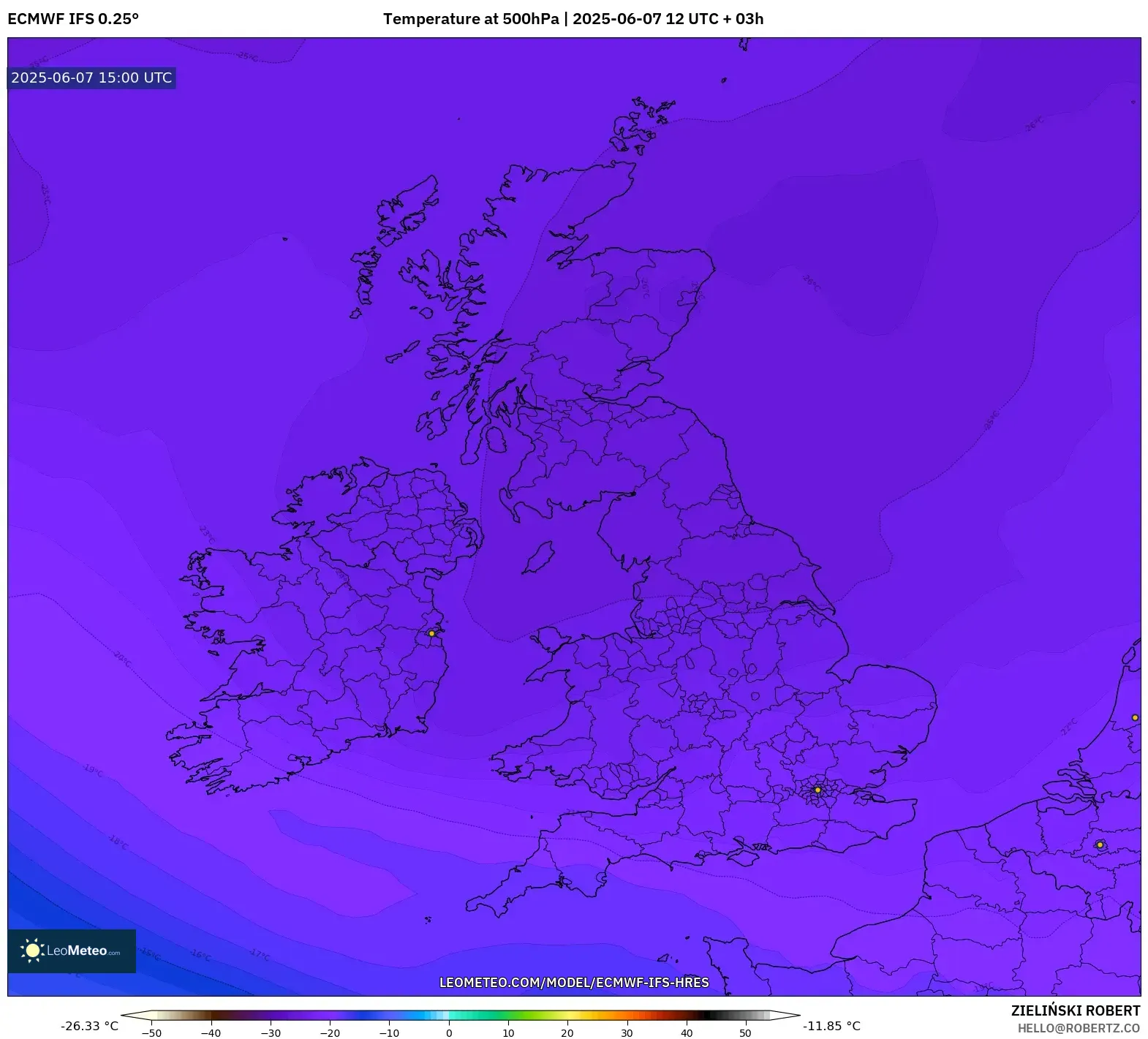 ECMWF IFS 0.25° model - Britania Raya, Suhu 500 hPa
