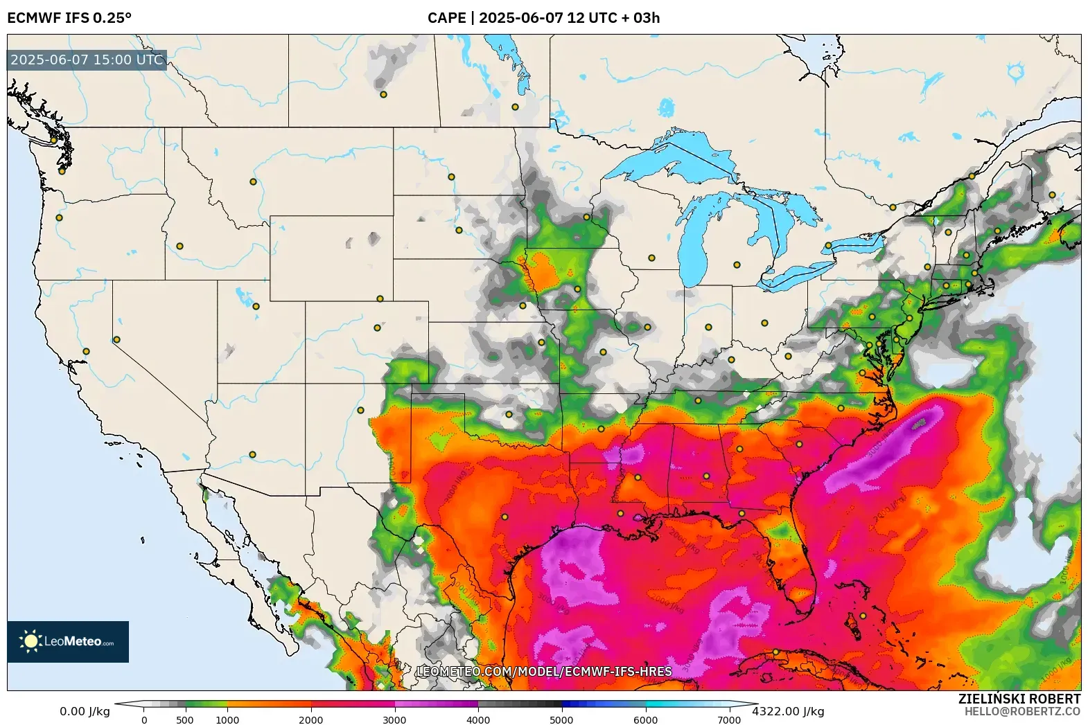 ECMWF IFS 0.25° model - Amerika Serikat, CAPE ECMWF IFS 0.25° model - Amerika Serikat, CAPE