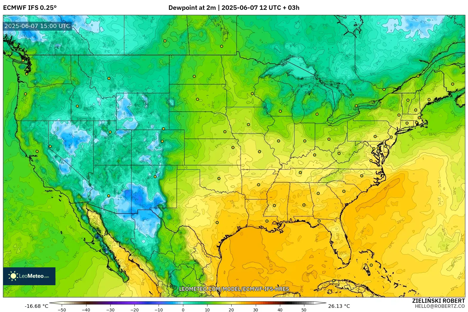 ECMWF IFS 0.25° model - Amerika Serikat, Titik Embun 2 m ECMWF IFS 0.25° model - Amerika Serikat, Titik Embun 2 m