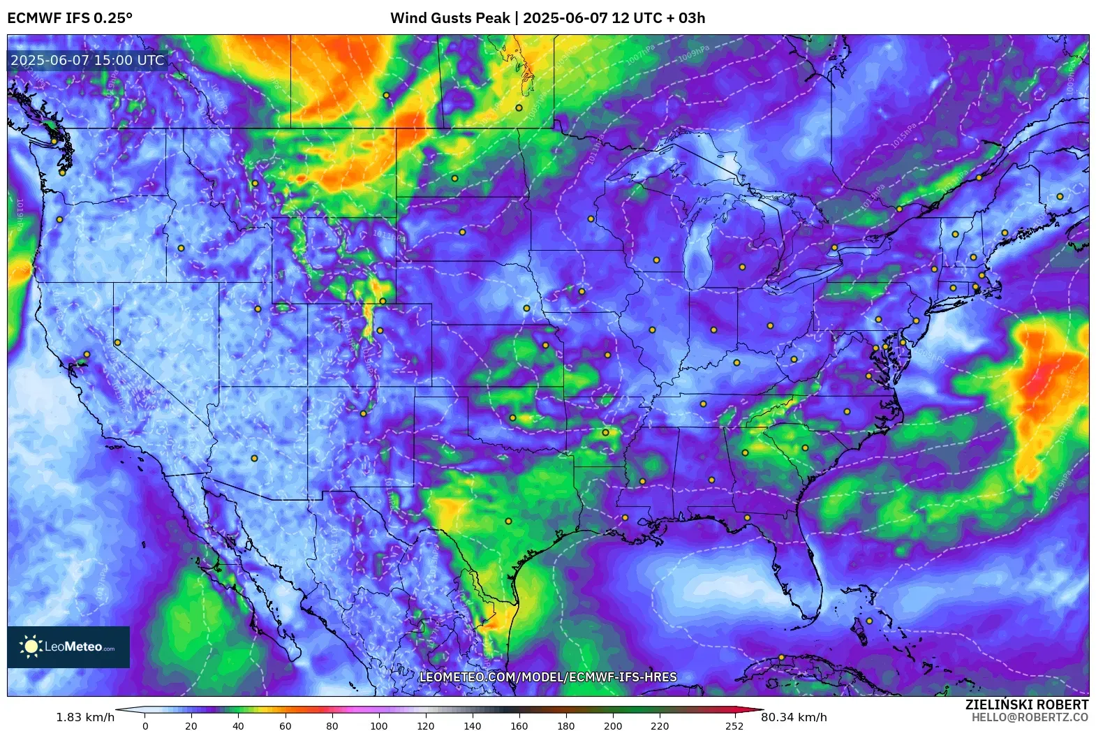 ECMWF IFS 0.25° model - Amerika Serikat, Puncak Hembusan